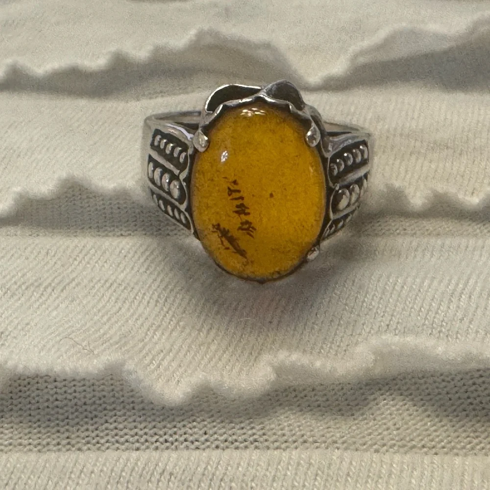 Antique Silver Yellow Amber Cabochon Cocktail Ring Bezel Gemstone Filagree Sz 7
